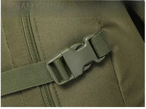 Detail view of military green tactical backpack featuring durable plastic buckles and nylon webbing