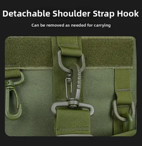 Detail of army green tactical fishing bag with detachable swivel hooks and D-ring