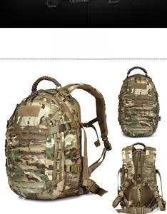 Three perspectives of tactical camouflage backpack with MOLLE system and durable straps