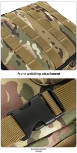 Detail of Molle webbing system and durable plastic buckle on camo tactical backpack