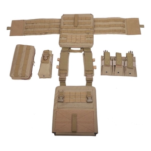 Detailed view of Coyote Brown tactical vest with MOLLE system and modular accessory pouches