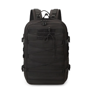 Tactical black backpack with MOLLE system and elastic compression cords for outdoor hiking