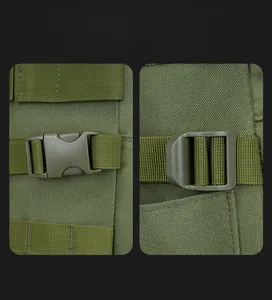 Close-up of durable side-release buckles and nylon webbing on the green fishing backpack