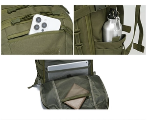 Detail view of military green tactical backpack showing laptop compartment and side bottle pocket