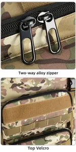 Detail of military tactical backpack featuring a two-way alloy zipper and top Velcro patch area