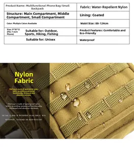 Gedetailleerde tabel met afmetingen, waterdicht nylon en structuur van de tactische tas