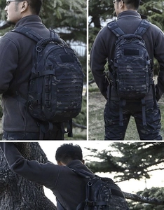 Detail of tactical camouflage backpack featuring laser-cut MOLLE system and adjustable straps
