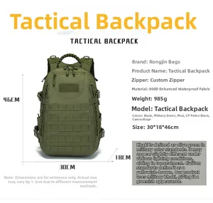 Detail of 800D waterproof fabric and MOLLE system on military tactical backpack