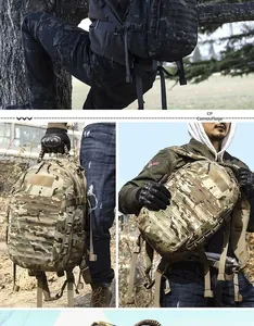 Tactical camouflage backpack shown in multiple carrying modes for outdoor hiking use