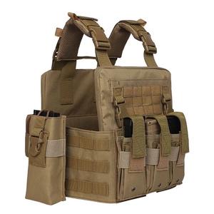 Detail of Coyote Brown tactical vest with Molle webbing and three magazine pouches