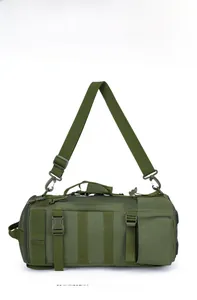 Detail of army green outdoor lure bag with MOLLE system and adjustable shoulder strap