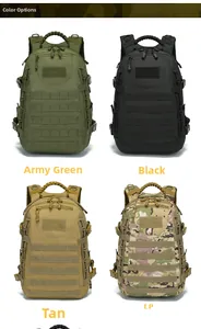 Water-resistant tactical backpacks in green, black, tan, and camouflage with MOLLE system
