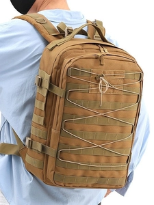 Tactical khaki backpack featuring MOLLE webbing system and adjustable compression straps