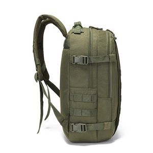 Army green tactical backpack with MOLLE system and adjustable side buckles for hiking