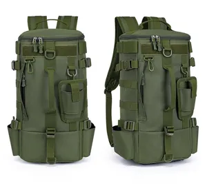 Detail view of army green tactical fishing backpack with MOLLE system and high-strength fabric