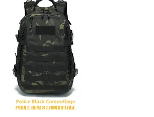 Detailed close-up of water-resistant tactical backpack with MOLLE webbing in police black camo