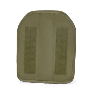Detail of army green EVA tactical vest insert plate with vertical velcro strips