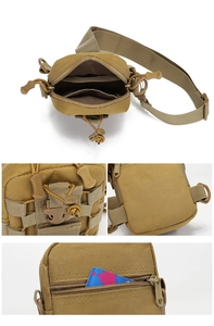 Tactical crossbody bag in khaki nylon showing multi-angle details and Molle system features