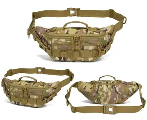 Three-view display of Multicam tactical waist bag featuring Molle system and durable nylon fabric