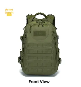 Front view of army green tactical backpack featuring MOLLE webbing and velcro area