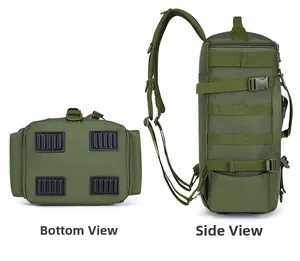 Detailed view of tactical fishing bag base with non-slip pads and MOLLE webbing system