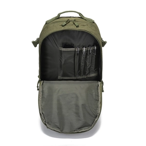 Army green tactical backpack with organized main compartment and multi-functional storage