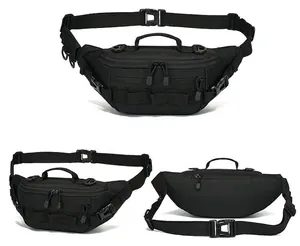 Detail view showing front, side and back of a multi-purpose black tactical waist bag