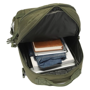 Military green tactical backpack with large capacity main compartment showing laptop storage