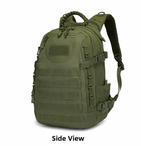 Side view of military green tactical backpack showing MOLLE system and compression straps