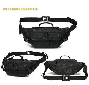 Three-view display of black camo tactical waist bag showing MOLLE system and buckles