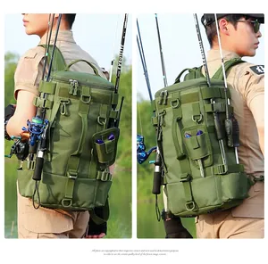 Army green tactical fishing backpack with MOLLE system and multiple tool attachments