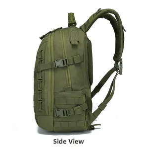 Side view of military tactical backpack in olive green with MOLLE system and buckles
