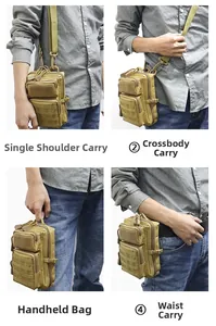 Detail van tactische tas met schouder-, crossbody-, handtas- en riemdraagopties