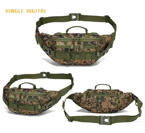 Three-view layout of jungle digital camo tactical waist bag with multi-pocket design