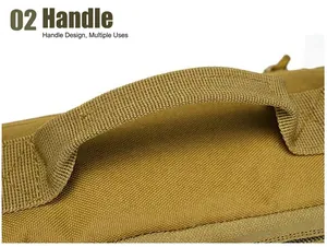 Detail view of the reinforced nylon handle with cross-stitching on the khaki outdoor bag