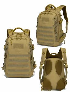 Three-view detail of tan tactical backpack showing MOLLE system and mesh back padding