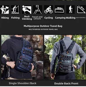 Detail of multi-functional camouflage tactical backpack showing modular webbing and durable nylon