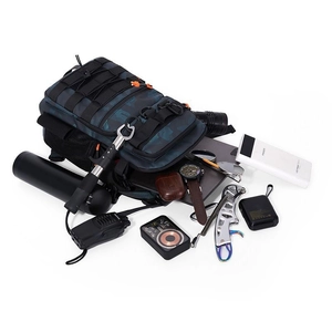 Detailed view of camouflage tactical backpack with MOLLE webbing and side mesh pocket