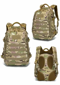 Detailed views of CP camouflage tactical backpack with MOLLE system and ergonomic mesh padding