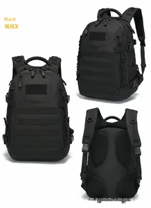 Three-view layout of black tactical backpack showing MOLLE system and padded back panel