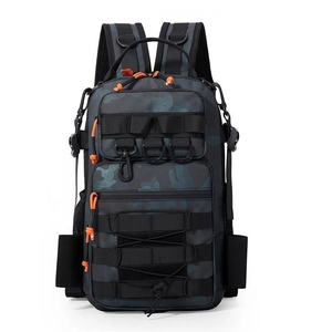 Detailed view of tactical camouflage backpack with Molle system and orange zip pulls