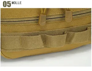 Detail of Coyote Brown tactical bag featuring MOLLE system and dual-zipper closure