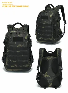 Three-way view of tactical backpack in police black camo with MOLLE webbing and padded back