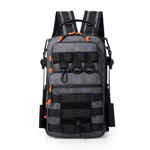 Front view of camouflage tactical backpack with MOLLE system and orange zipper pulls