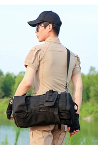 Man carrying a black tactical fishing bag with MOLLE system in an outdoor setting