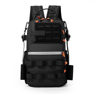 Detailed front view of black tactical backpack with MOLLE system and orange pull cords