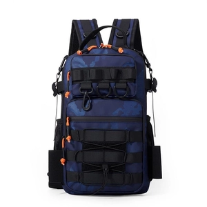 Close-up of tactical camo backpack showing orange zipper pulls and MOLLE webbing system