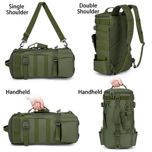Army green multi-way tactical fishing backpack with Molle system for outdoor gear storage
