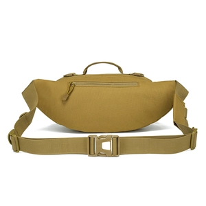 Outdoor tactical waist bag in khaki canvas with adjustable buckle strap and rear zip pocket
