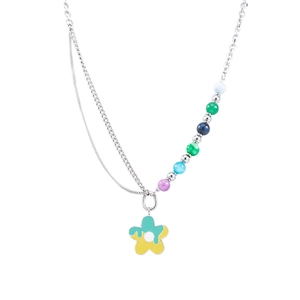 Schicke Titanstahl-Perlenkette mit bunten Perlen und einem minzgrünen Blumenanhänger